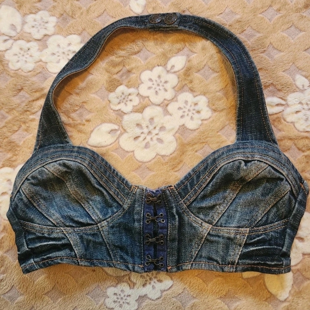 Y2K GUESS Denim Halter Bralette Top S